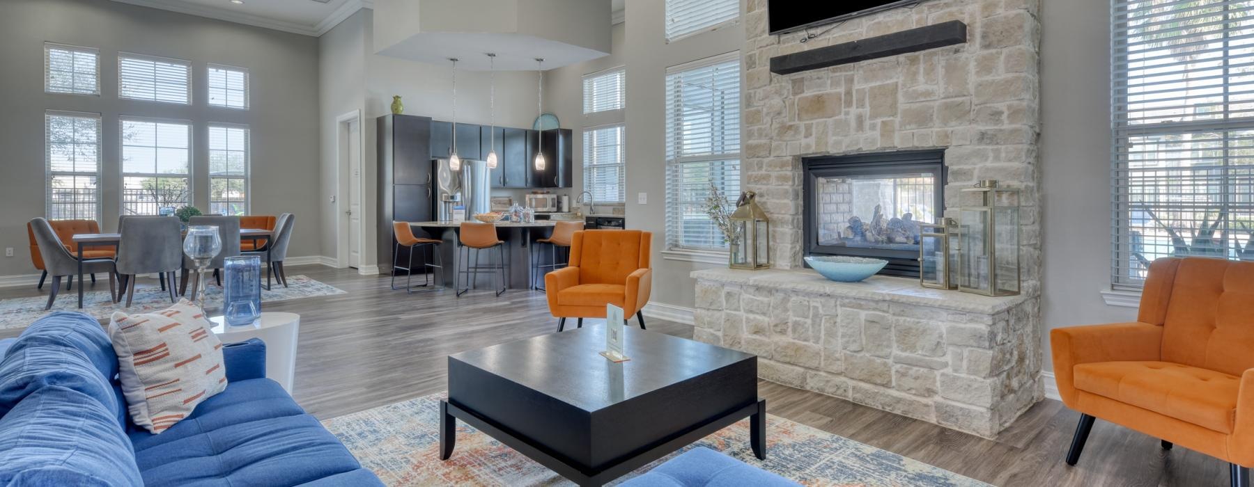 a living room with a fireplace