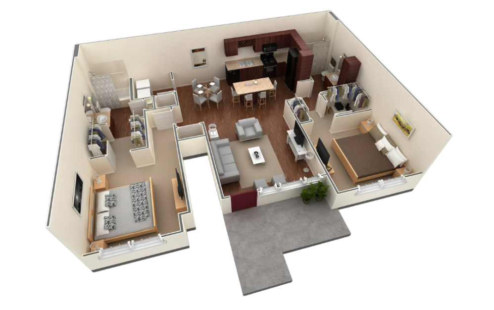 B2 - 2 bedroom floorplan layout with 2 bathrooms and 1088 square feet