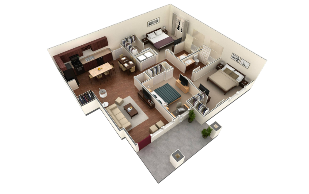 C1 - 3 bedroom floorplan layout with 2 bathrooms and 1302 square feet