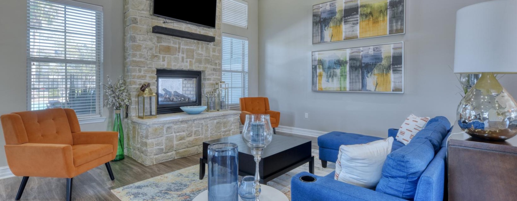 a living room with a fireplace