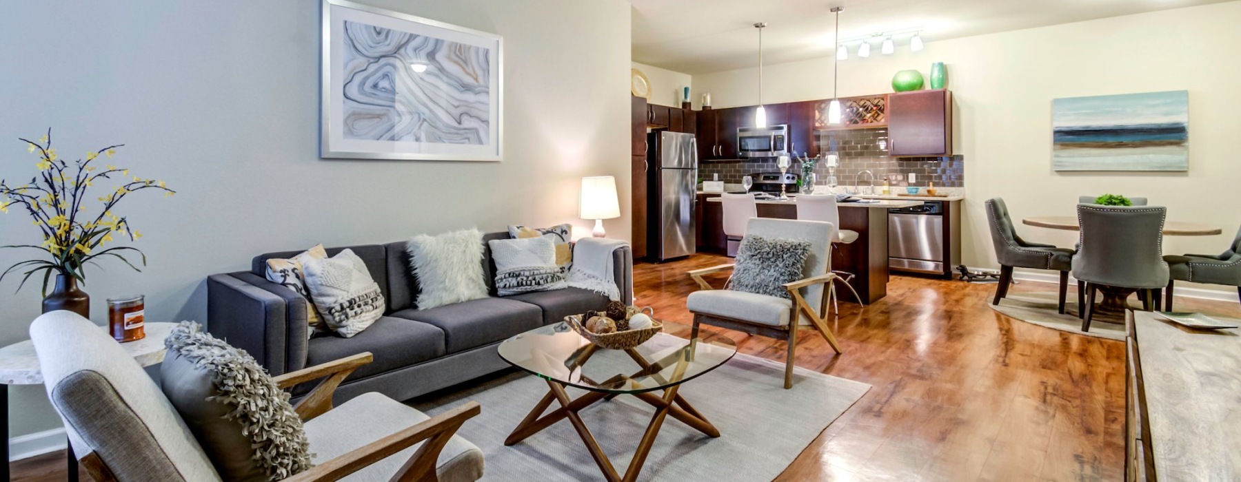 a living room with a wood floor