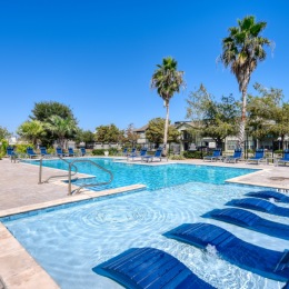 a swimming pool with trees and houses in the background