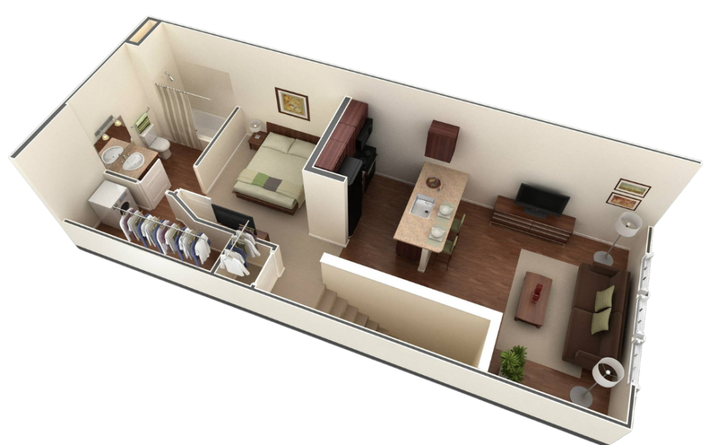 S2 - Studio floorplan layout with 1 bathroom and 623 square feet